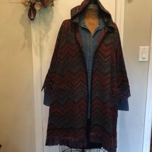 Long fringe multi colored open front sweater coat